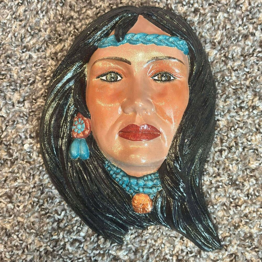Vintage Native American Woman Ceramic Wall Mask – 3D Hand Painted